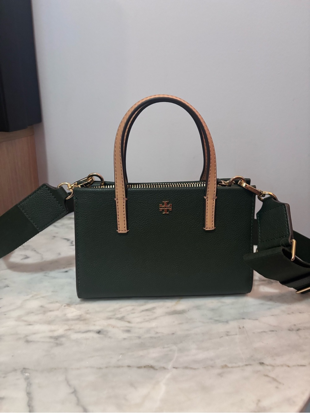 Tory Burch Mini Tote Crossbody Bag Dark Green Pebbled Leather EUC
